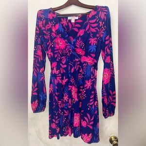 Lilly Pulitzer, Lorelei Skirted Romper in Blue and Pink Floral Long Sleeve Dress